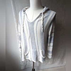 Ron Jon Surf Shop Beach Hoodie V Neck Drawstring Hoodie White Blue Stripes
